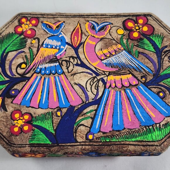 Vintage Hand Painted Cajas Taxco Boho Trinket Box Owl Decor Mexican Folk Art 7" - Picture 4 of 9